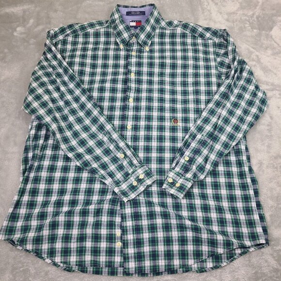 Tommy Hilfiger Button Up Shirt Adult X-Large Green‎ White Long Sleeve Mens - Picture 1 of 6